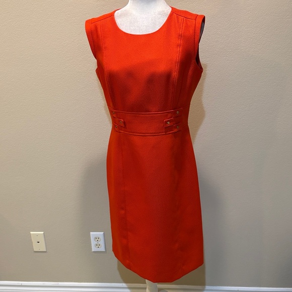 Tahari Arthur S Levine Dresses & Skirts - Structured Dark Orange Midi Sheath Dress with Gold Button Waist Detail-Size 8